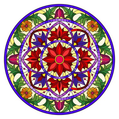 Renkli cam tarzında resim, çiçek süsleri ve girdaplı yuvarlak ayna görüntüsü, sarı arkaplanda parlak çiçekler.