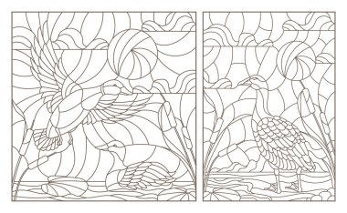 Ördek ve bir kaz bir gölet ve gökyüzü arka plan üzerinde beyaz bir arka plan üzerinde koyu kontür bir çift ile kontur illüstrasyonlar kümesi