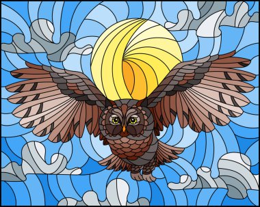 Vitray stili vahşi baykuş gökyüzü ve güneş karşı uçan ile resimde