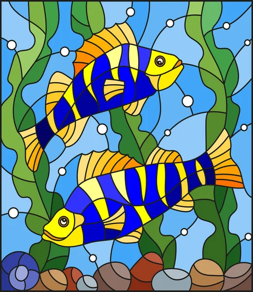 Ilustracja Stylu Witrażu Parą Jasne Paski Ryby Tle Wody Glony — Wektor stockowy