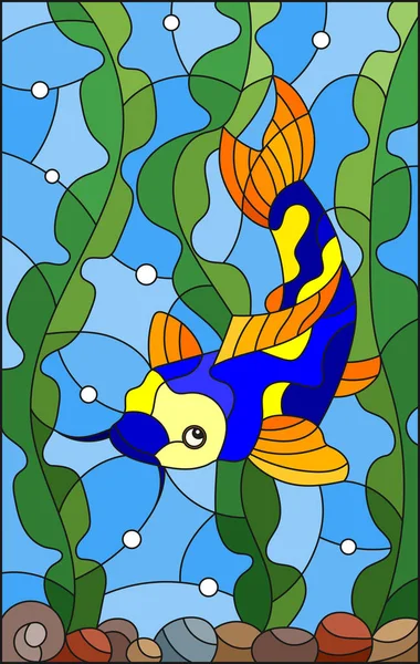 Illustration Målat Glas Stil Med Ljusa Fläckig Fisk Bakgrunden Vatten — Stock vektor