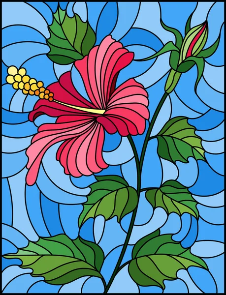 蓝色背景下粉红色芙蓉花 叶彩绘玻璃风格插图 — 图库矢量图片