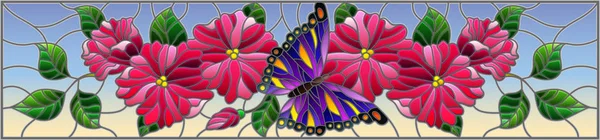 插图在彩色玻璃风格与抽象的花粉红色的花朵和紫色的蝴蝶在蓝色背景 水平图像 — 图库矢量图片