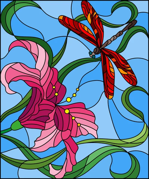 Ілюстрація Вітражному Стилі Яскраво Червоною Бабка Небі Листям Квіткою Рожевої — стоковий вектор