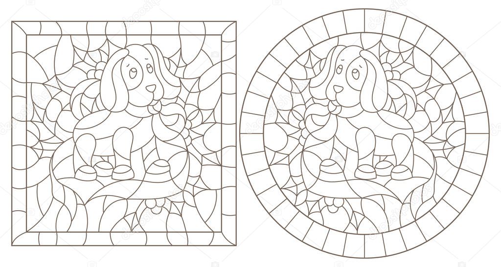 Set of contour illustrations in stained glass style for the New year and Christmas,plush dog toy, Holly branches and ribbons in the frame, round and square image