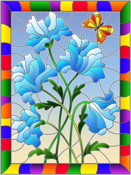 Illustration in stained glass style with blue abstract flowers and a butterfly on a blue background in a bright frame