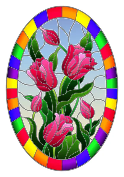 Illustratie Gebrandschilderd Glas Stijl Met Een Boeket Van Roze Tulpen — Stockvector