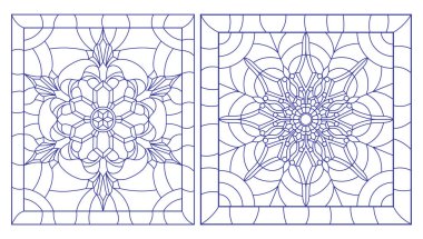 Çerçevesinde, kare görüntü, beyaz zemin üzerine mavi anahatlarını vitray kar taneleri ile kontur çizimleri ayarla