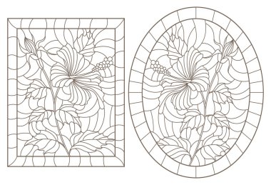 Vitray Windows hibiscus çerçeve, beyaz bir arka plan üzerinde koyu konturlar, oval ve dikdörtgen görüntü ile kontur çizimleri bir dizi