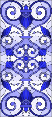 İllüstrasyon soyut swirls, vitray tarzında çiçekler ve hafif bir arka plan üzerinde dikey yönlendirme gama mavi yaprakları