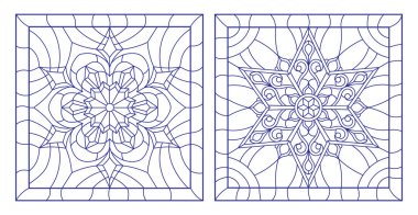 Çerçevesinde, kare görüntü, beyaz zemin üzerine mavi anahatlarını vitray kar taneleri ile kontur çizimleri ayarla