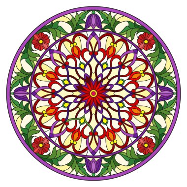 Renkli cam tarzında resim, çiçek süsleri ve girdaplı yuvarlak ayna görüntüsü, sarı arkaplanda parlak çiçekler.