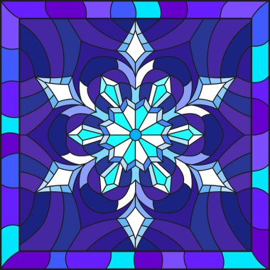 Vitray tarzı illüstrasyon kar tanesi bir çerçeve içinde mavi renk ile 