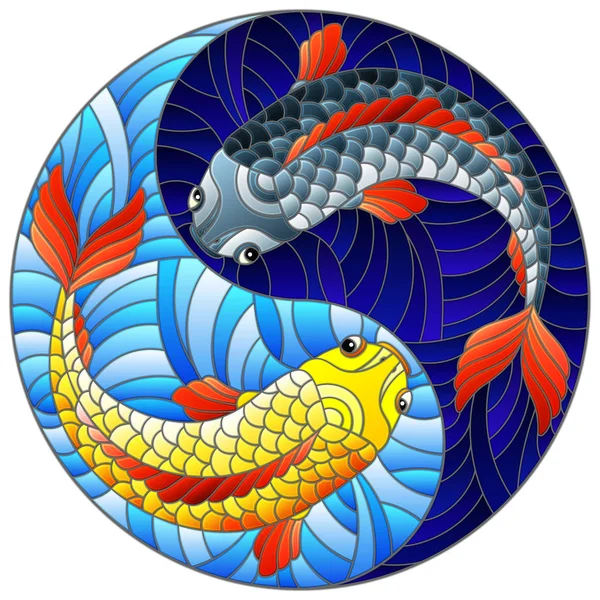 Vitray Tarzı Ile Arka Planda Iki Balıkçı Çizimde Yin Yang — Stok Vektör