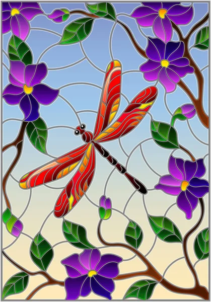 插图在彩色玻璃风格与明亮的红色蜻蜓对天空 树叶和紫色的花朵 — 图库矢量图片