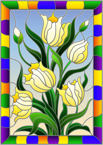 Illustration in stained glass style with a bouquet of yellow tulips on a blue background in a bright frame, rectangle image