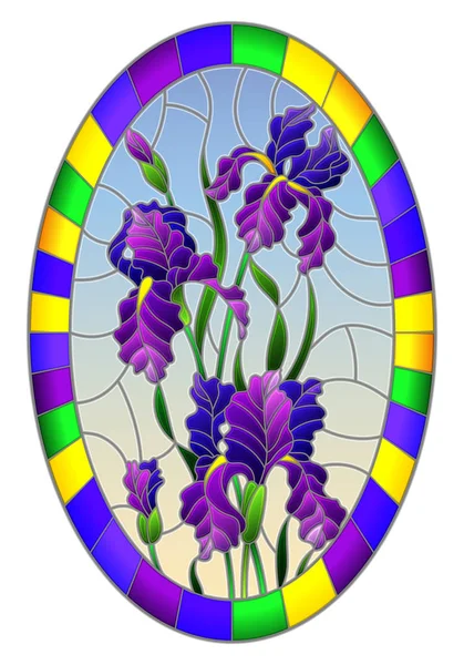 Illustratie Gebrandschilderd Glas Stijl Bloem Van Paarse Irissen Een Blauwe — Stockvector
