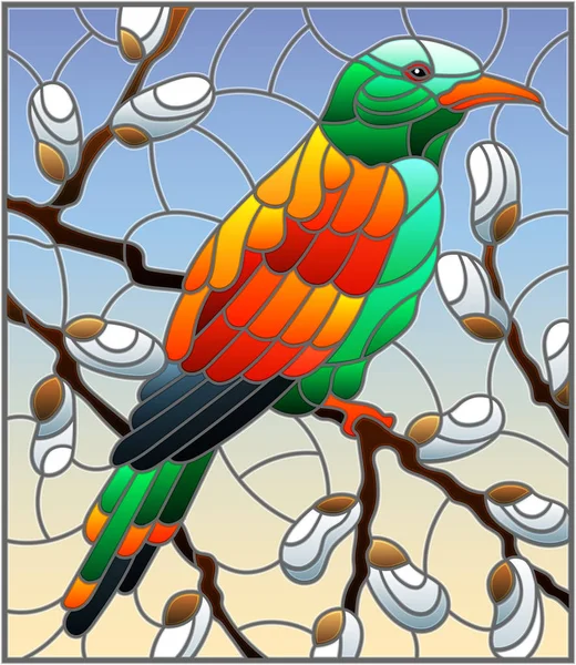 Illustration Glasmalereistil Mit Einem Hellen Vogel Auf Weidenzweigen Gegen Den — Stockvektor