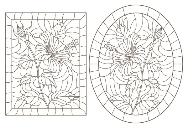 Vitray Windows hibiscus çerçeve, beyaz bir arka plan üzerinde koyu konturlar, oval ve dikdörtgen görüntü ile kontur çizimleri bir dizi