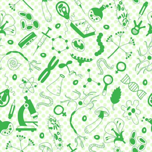 Безшовний Фон Намальованими Руками Іконками Тему Біології Зелені Силуети Іконки — стоковий вектор