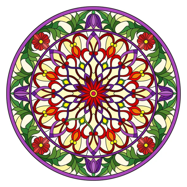 Renkli cam tarzında resim, çiçek süsleri ve girdaplı yuvarlak ayna görüntüsü, sarı arkaplanda parlak çiçekler.