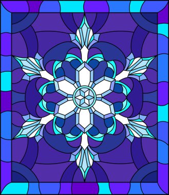 Vitray tarzı illüstrasyon kar tanesi bir çerçeve içinde mavi renk ile 