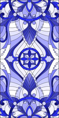 İllüstrasyon soyut swirls, vitray tarzında çiçekler ve hafif bir arka plan üzerinde dikey yönlendirme gama mavi yaprakları