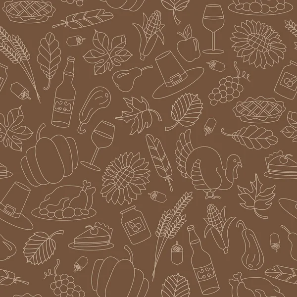 Seamless pattern for holiday Thanksgiving day, a simple hand-drawn contour shape,beige outline on a brown background