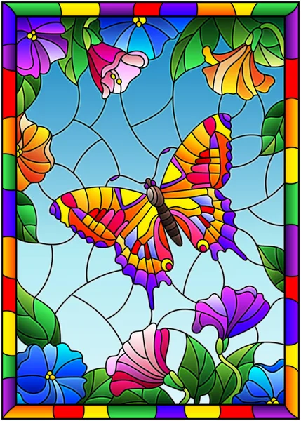 在明亮的框架里 花和天空的背景上有一只明亮的蝴蝶的彩色玻璃风格插图 — 图库矢量图片