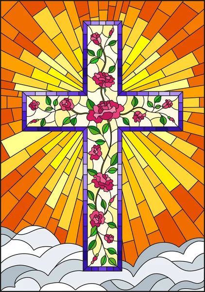 Illustration Glasmalerei Mit Christlichem Kreuz Mit Rosa Rosen Auf Dem — Stockvektor