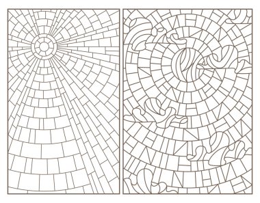 Vitray tarzı soyut göksel manzaralar, beyaz zemin üzerine koyu konturlar ile kontur resimler ayarla