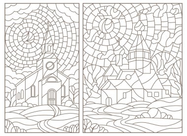 Vitray tarzı Hıristiyan kiliseleri manzara arka plan üzerinde beyaz zemin üzerine koyu konturlar ile kontur resimler ayarla