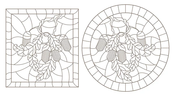 带橡木树枝 橡子和叶子的彩色玻璃风格的轮廓插图集 圆形和矩形图像 — 图库矢量图片