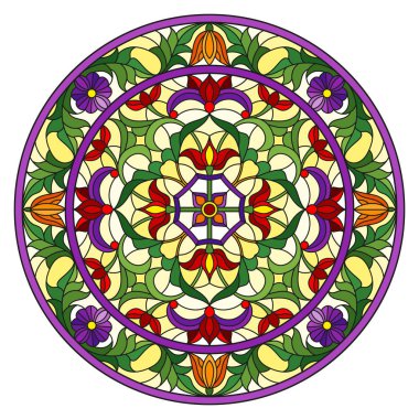 Renkli cam tarzında resim, çiçek süsleri ve girdaplı yuvarlak ayna görüntüsü, sarı arkaplanda parlak çiçekler.