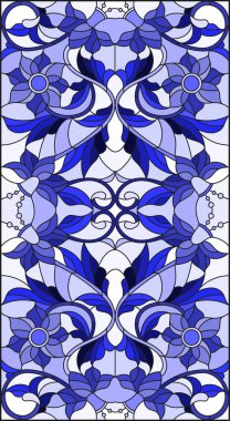 İllüstrasyon soyut swirls, vitray tarzında çiçekler ve hafif bir arka plan üzerinde dikey yönlendirme gama mavi yaprakları