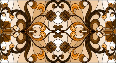 Soyut çiçekler, hafif bir arka planda girdaplar ve yapraklar, yatay yönelim, sepya