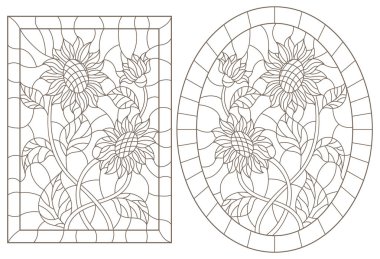 Vitray Windows ayçiçeği çerçeve, beyaz bir arka plan üzerinde koyu konturlar, oval ve dikdörtgen görüntü ile kontur çizimleri bir dizi