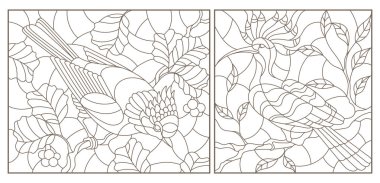 Dekoratif merdivenler kuşlara karşı bir ağaç ve yaprak, beyaz bir adam üzerinde karanlık kontür dalları ile kontur çizimleri kümesi