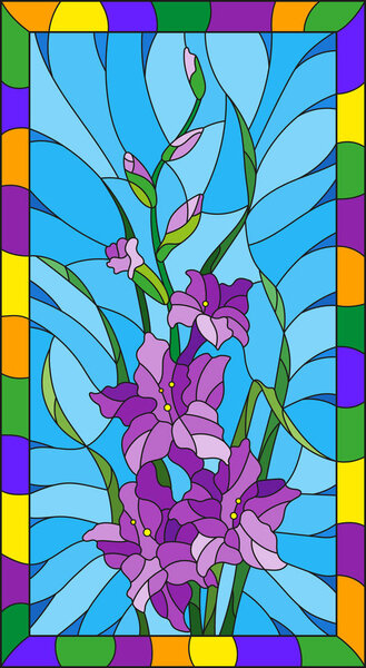 Иллюстрация в витражном стиле цветка фиолетового гладиолуса на синем фоне в яркой рамке, прямоугольное изображение
