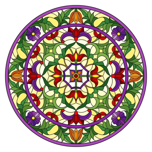 Иллюстрация Стиле Витража Круглое Зеркальное Изображение Цветочными Орнаментами Вихрями Яркие — стоковый вектор