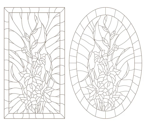 Ensemble Illustrations Contours Vitraux Avec Gladiolus Dans Les Cadres Contours — Image vectorielle