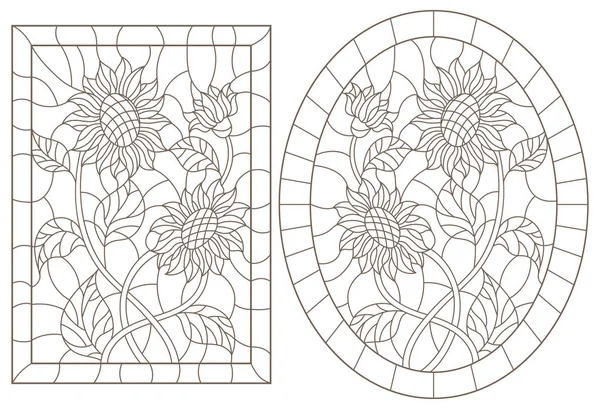 Conjunto Ilustraciones Contorno Vidrieras Con Girasoles Marcos Contornos Oscuros Sobre — Archivo Imágenes Vectoriales