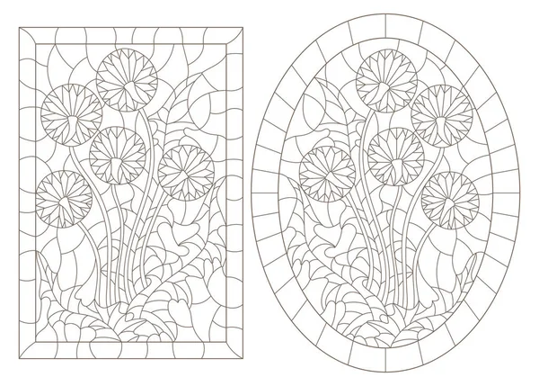 Набір Контур Ілюстрації Вітражні Вікна Taraxacums Кадрах Темно Контури Білому — стоковий вектор