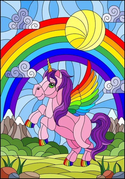 ピンク漫画ユニコーン虹の背景 空とステンド グラス風イラスト — ストックベクタ