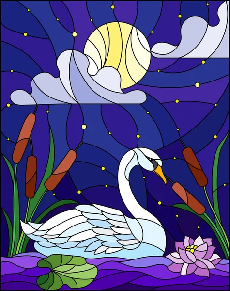 Illustration Glasmalereistil Mit Schwan Lotusblumen Und Schilf Auf Einem Teich — Stockvektor
