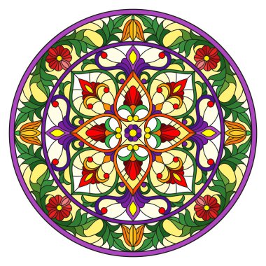 Renkli cam tarzında resim, çiçek süsleri ve girdaplı yuvarlak ayna görüntüsü, sarı arkaplanda parlak çiçekler.