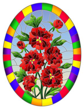 Parlak bir çerçevede, oval görüntü mavi gökyüzü arka plan üzerinde kırmızı peonies vitray tarzı bir buket ile çizimi