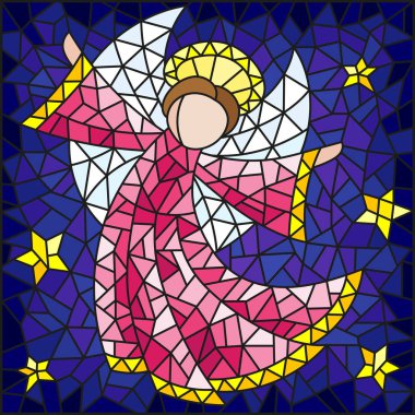 Arka plan gökyüzü ve yıldızlar pembe elbise bir vitray pencere soyut melek tarzı çizimi
