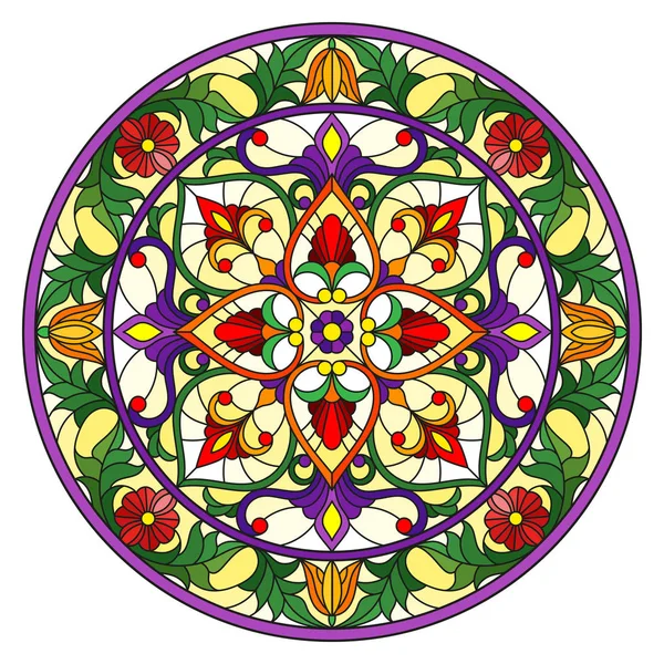 Illustrazione Stile Vetrate Immagine Specchio Rotondo Con Ornamenti Floreali Turbinii — Vettoriale Stock