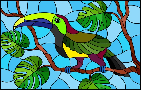 Ilustração Pássaro Estilo Vitral Toucan Árvore Tropical Ramo Contra Céu —  Vetores de Stock